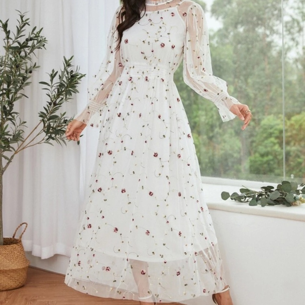 Embroidered Mesh Maxi Dress